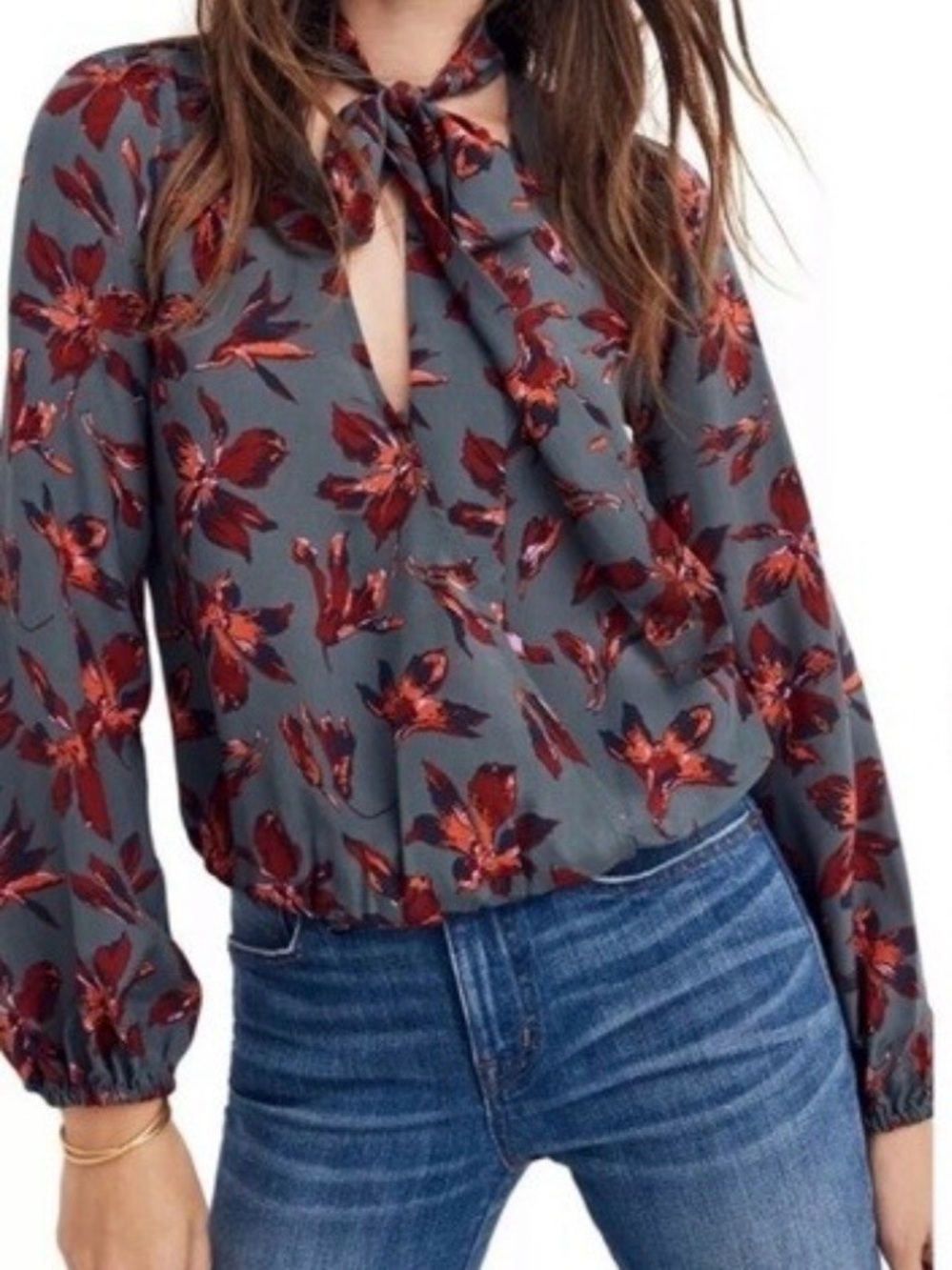 Madewell Teal Floral Tie-Neck Button-Down Shirt